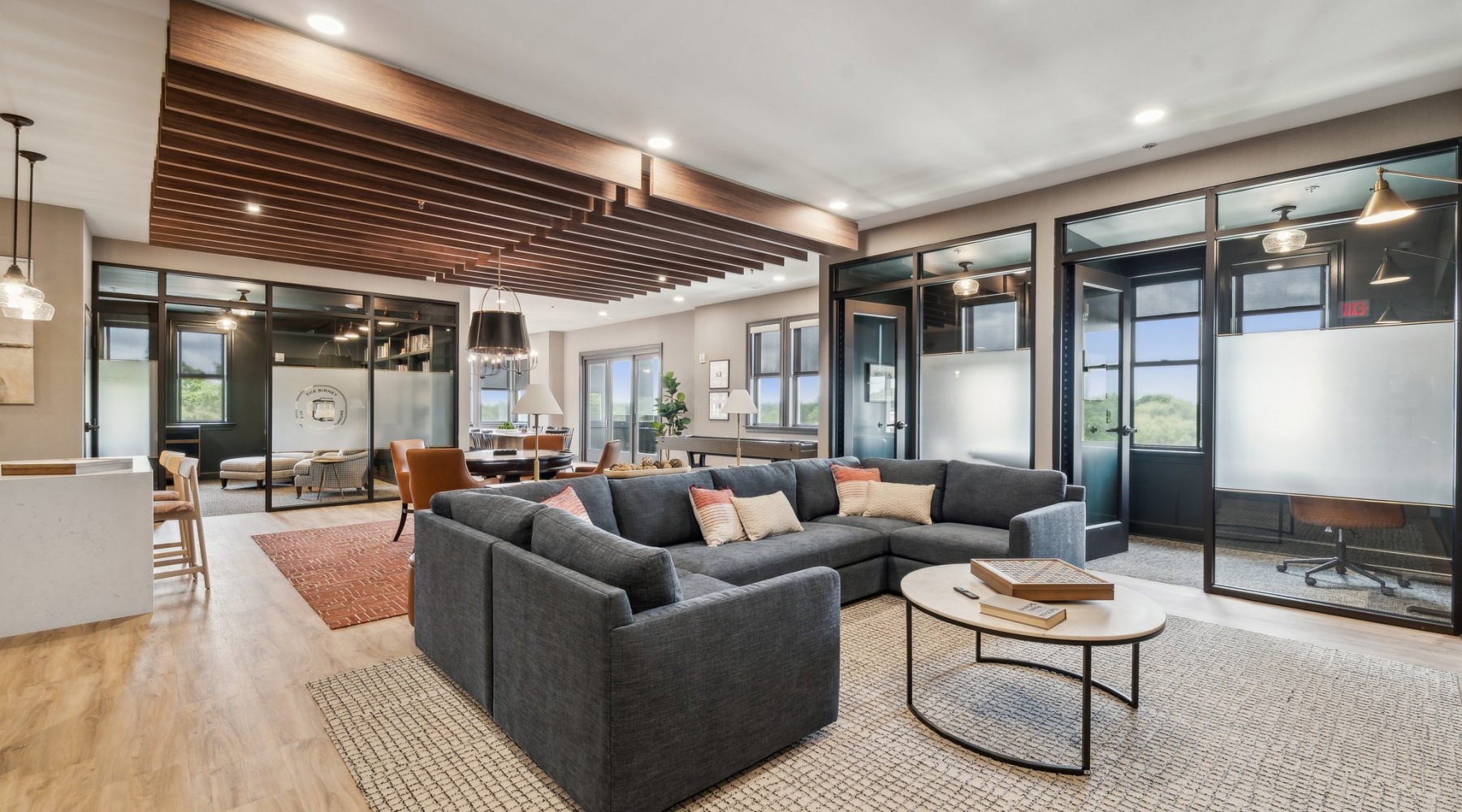 Comfortable Seating in Sky Lounge – The Birney Modern lounge seating in the sky lounge at The Birney Apartments