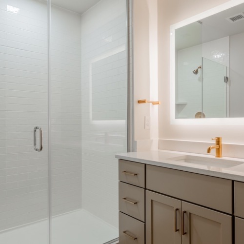 Stylish Walk-In Shower & LED Vanity Mirror. Walk-in show andled vanity mirror