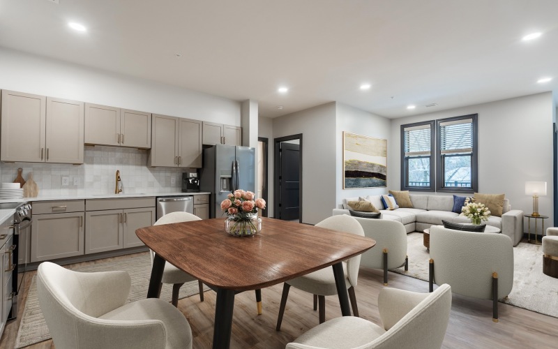 kitchen with dining table and seating