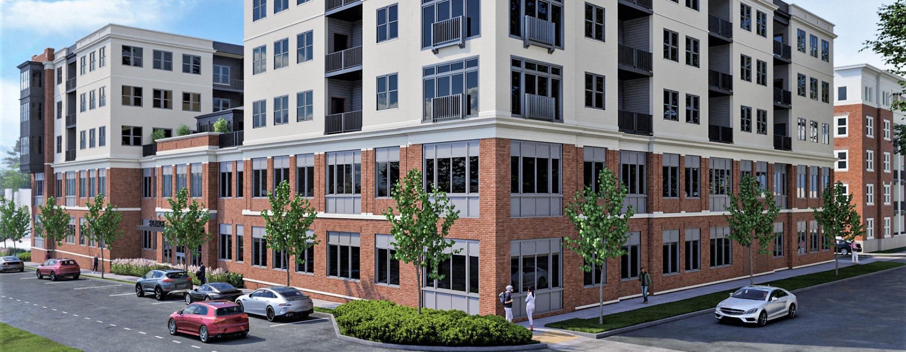 a building with cars parked in front